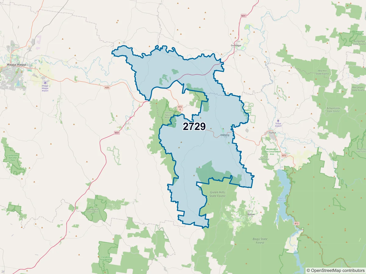Map of postcode 2729 — Adelong, NSW, Australia