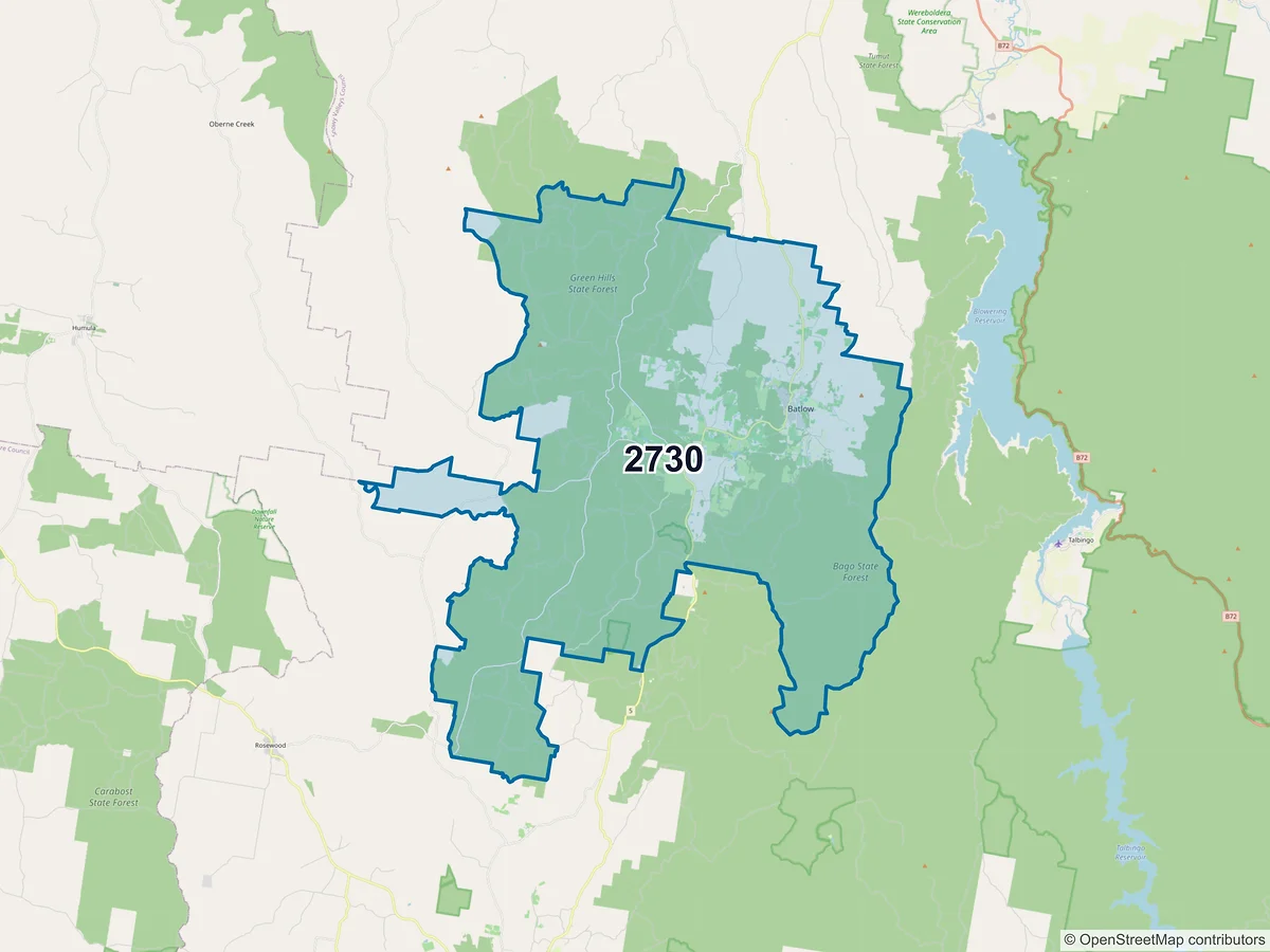 Map of postcode 2730 — Batlow, NSW, Australia