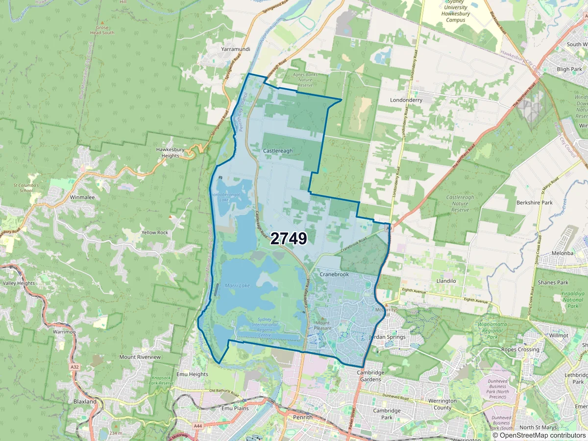 Map of postcode 2749 — Cranebrook, NSW, Australia
