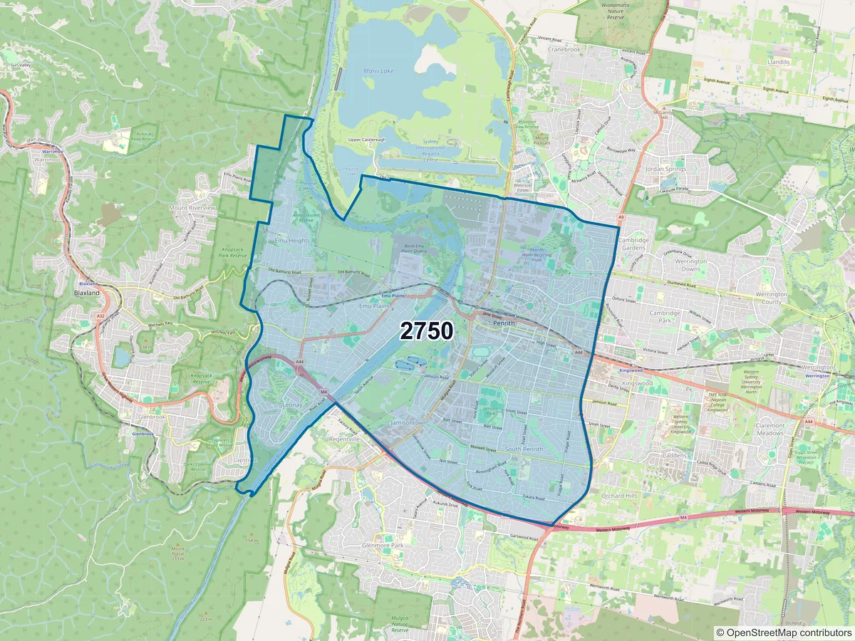 Map of postcode 2750 — Penrith, NSW, Australia