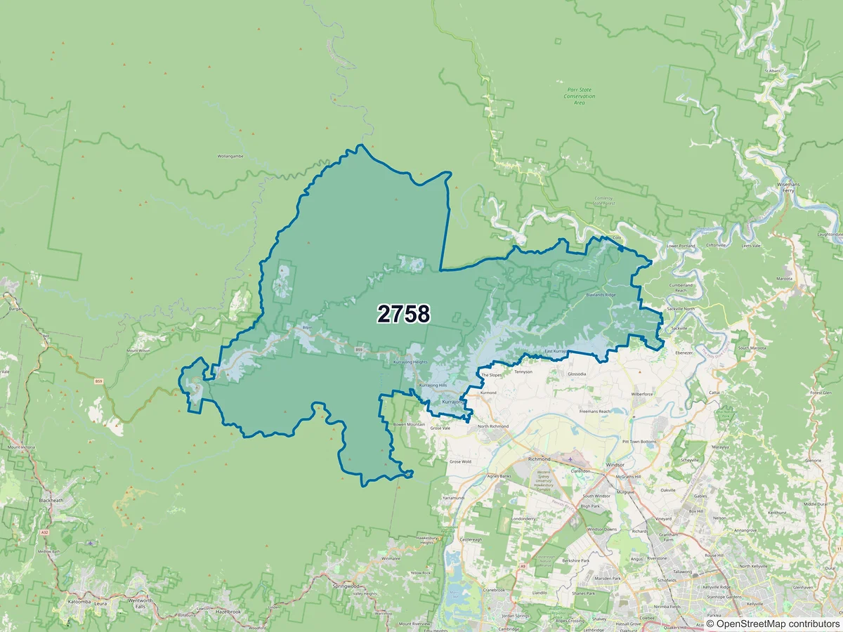 Map of postcode 2758 — Kurrajong, NSW, Australia