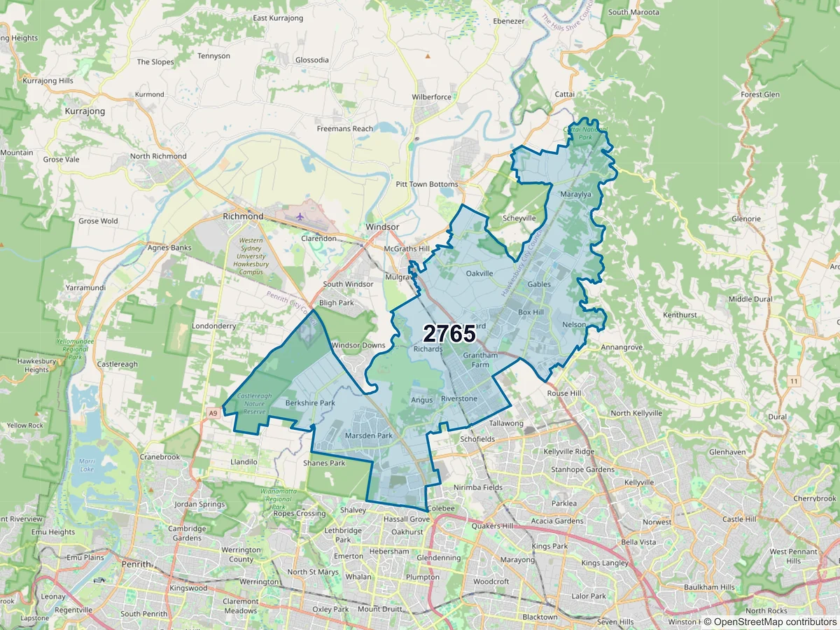 Map of postcode 2765 — Box Hill, NSW, Australia