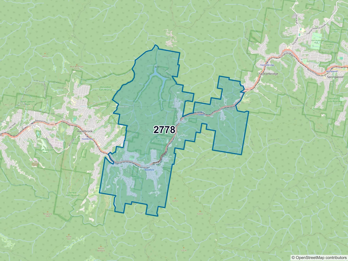 Map of postcode 2778 — Woodford, NSW, Australia