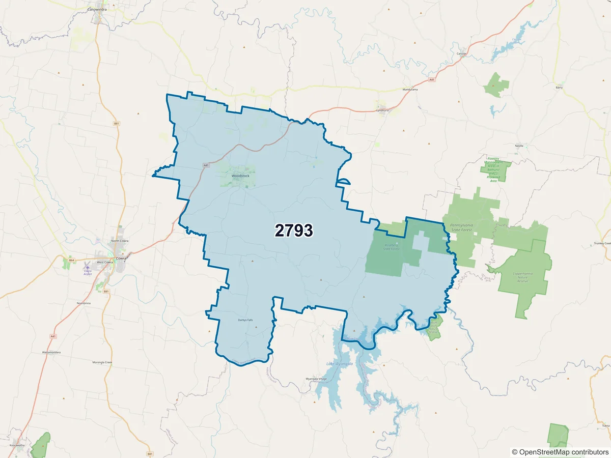 Map of postcode 2793 — Woodstock, NSW, Australia