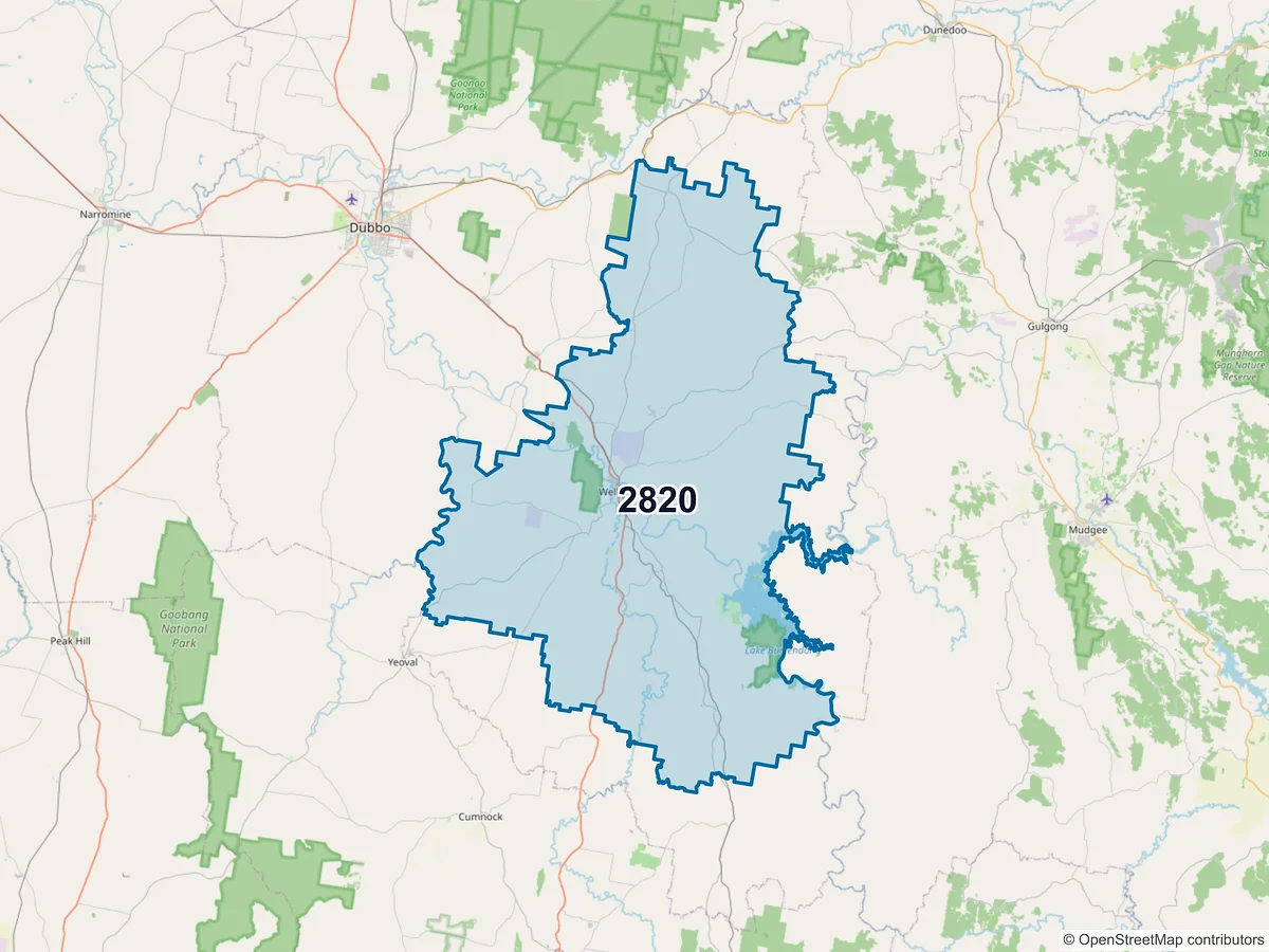 Map of postcode 2820 — Wellington, NSW, Australia