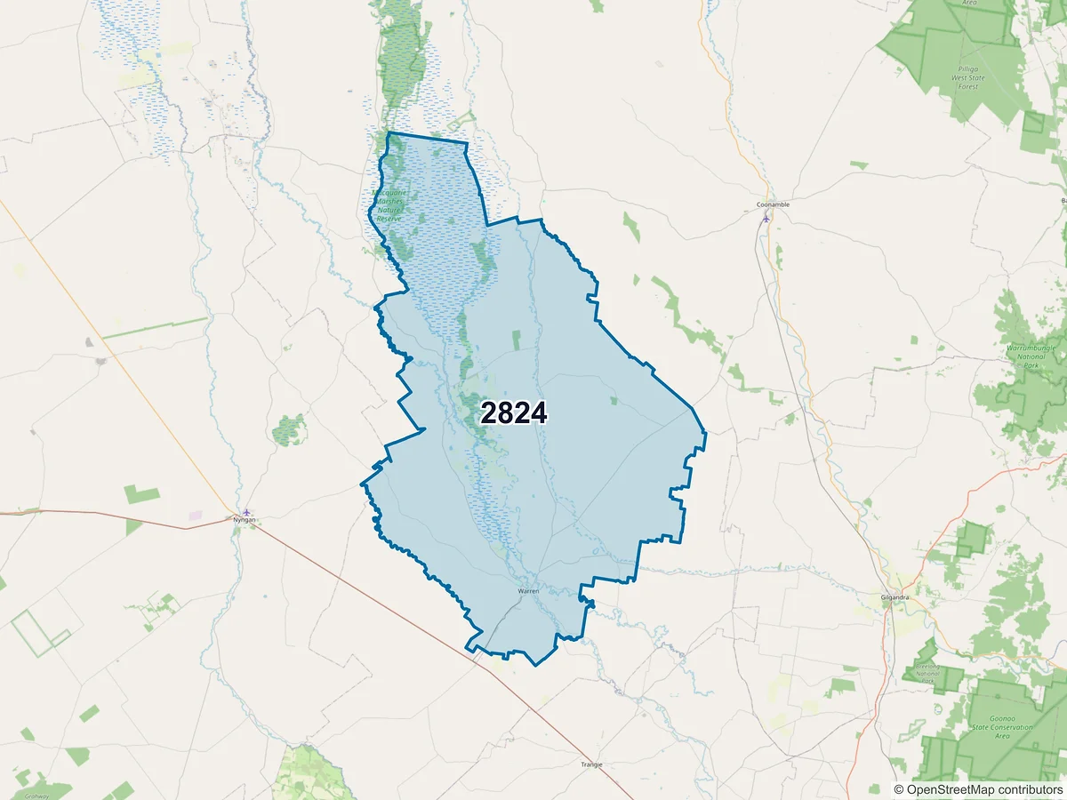 Map of postcode 2824 — Warren, NSW, Australia
