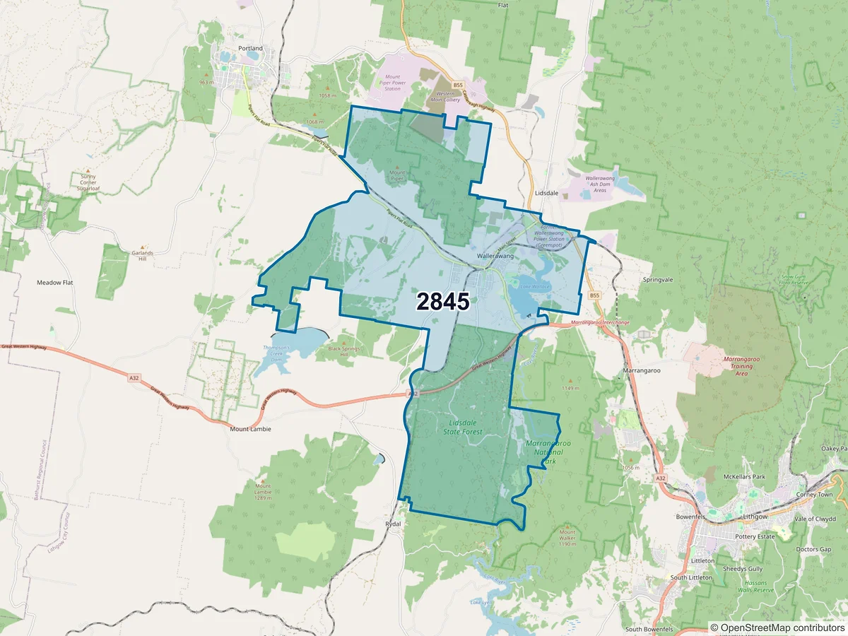 Map of postcode 2845 — Wallerawang, NSW, Australia