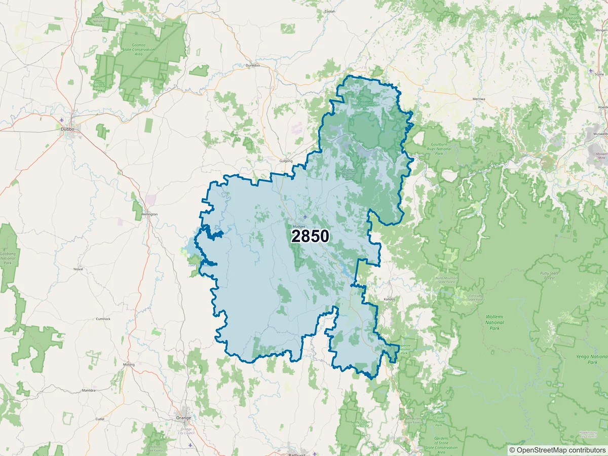 Map of postcode 2850 — Mudgee, NSW, Australia