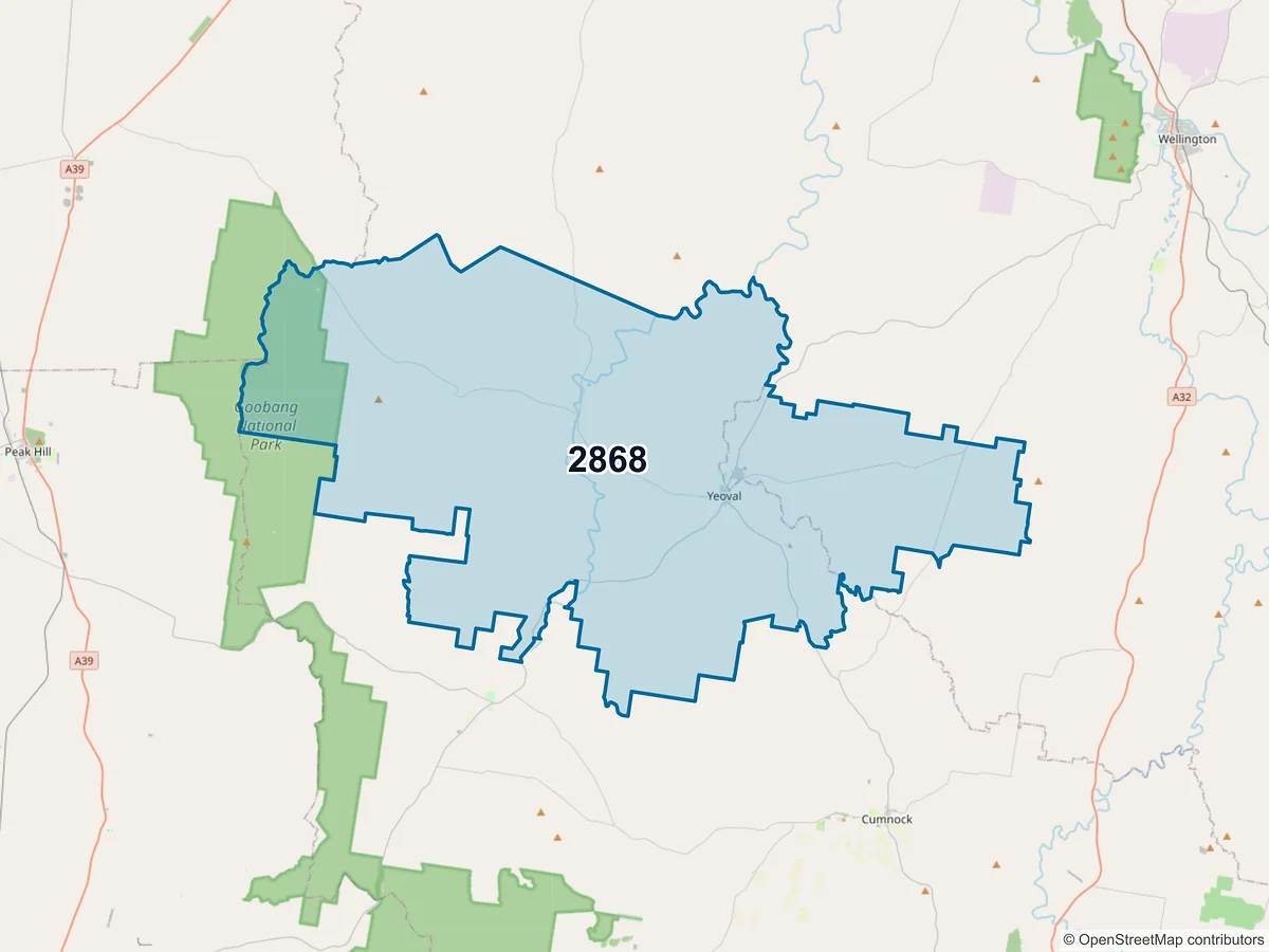 Map of postcode 2868 — Yeoval, NSW, Australia