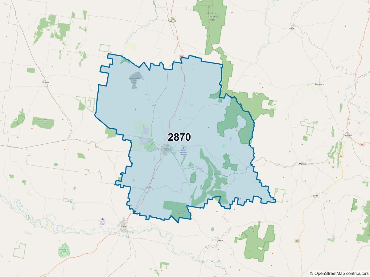 Map of postcode 2870 — Parkes, NSW, Australia