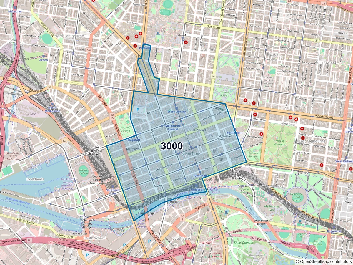 Map of postcode 3000 — Melbourne, VIC, Australia