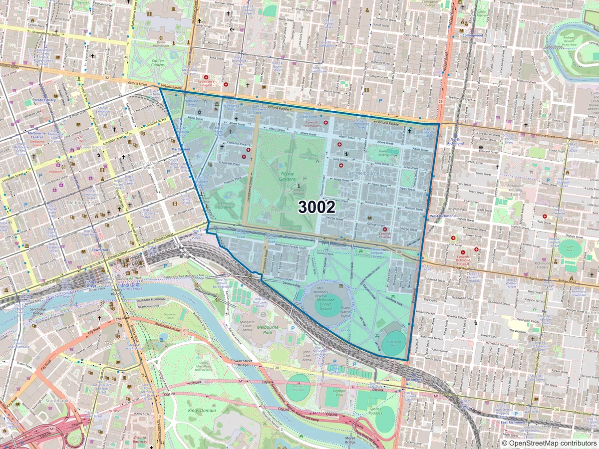 Map of postcode 3002 — East Melbourne, VIC, Australia