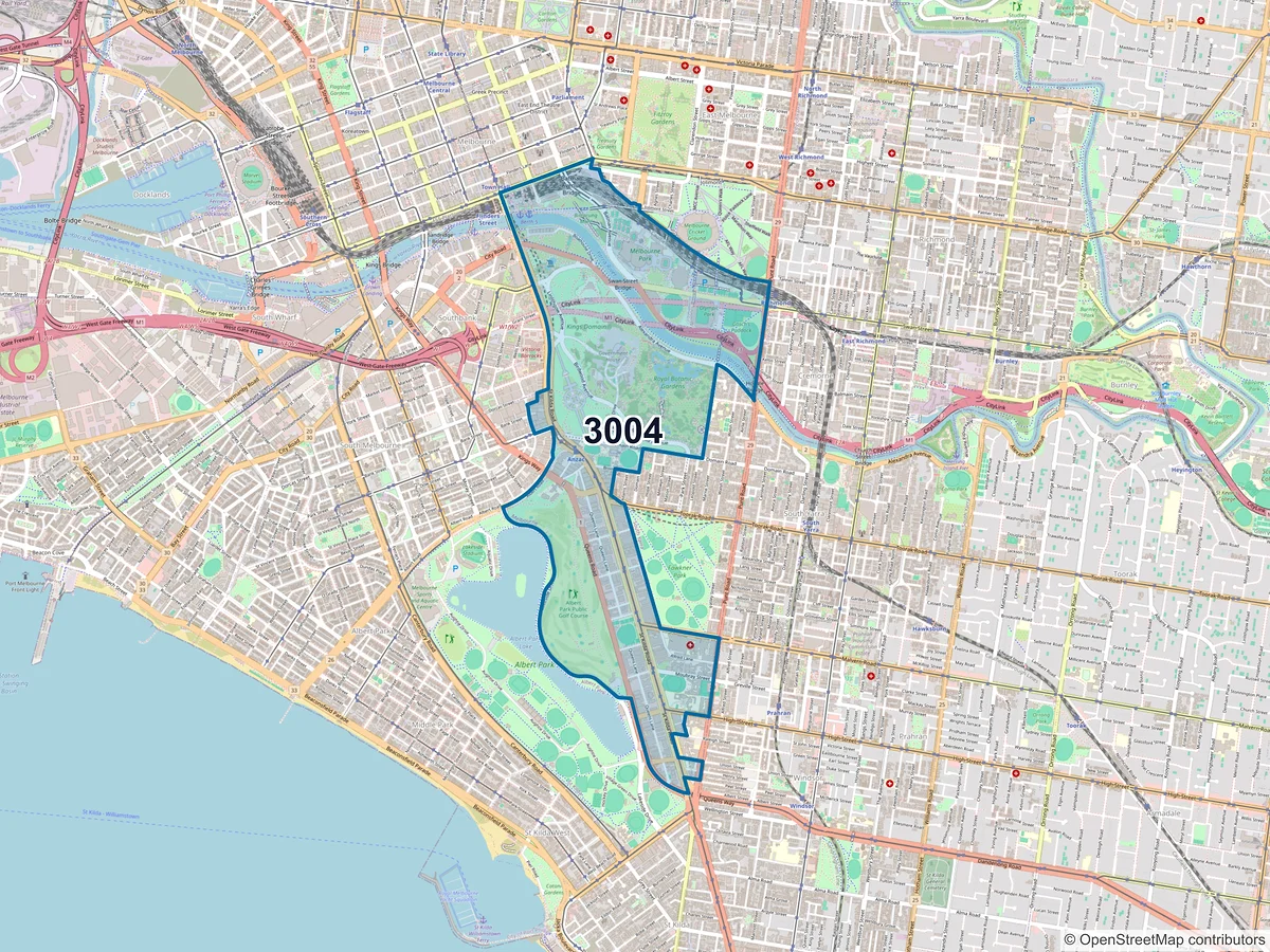 Map of postcode 3004 — Melbourne, VIC, Australia