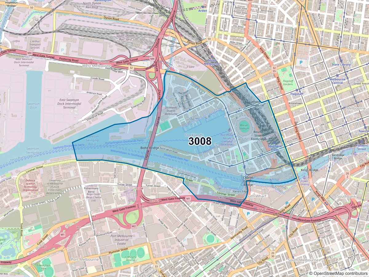 Map of postcode 3008 — Docklands, VIC, Australia