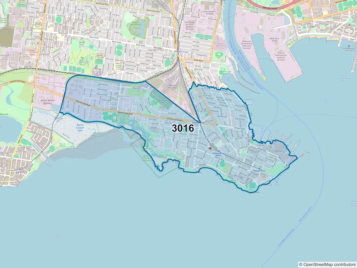 Map of postcode 3016 — Williamstown, VIC, Australia