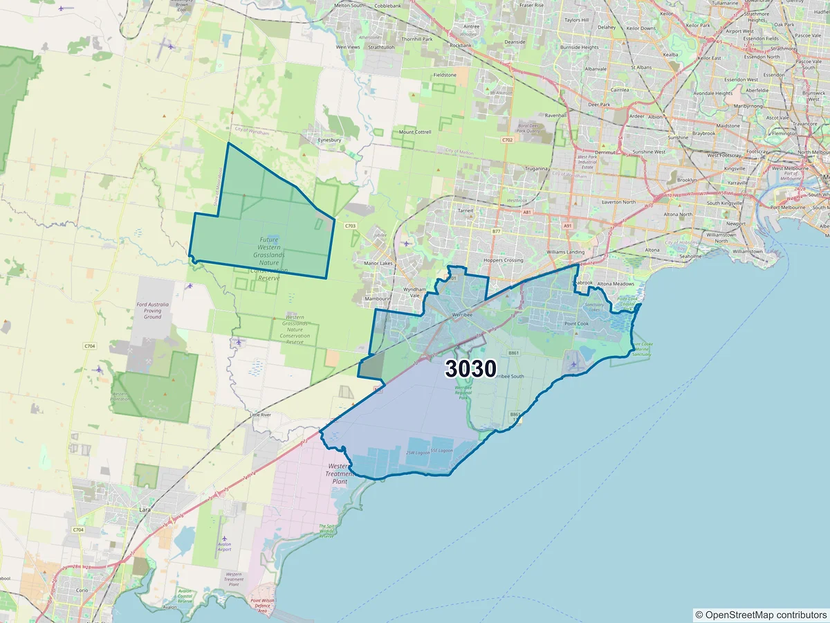 Map of postcode 3030 — Werribee, VIC, Australia
