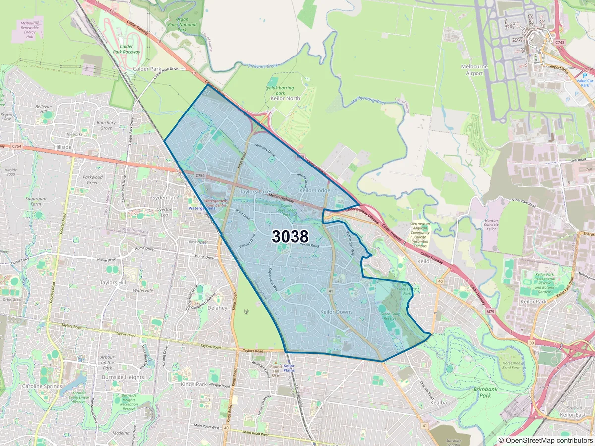 Map of postcode 3038 — Taylors Lakes, VIC, Australia