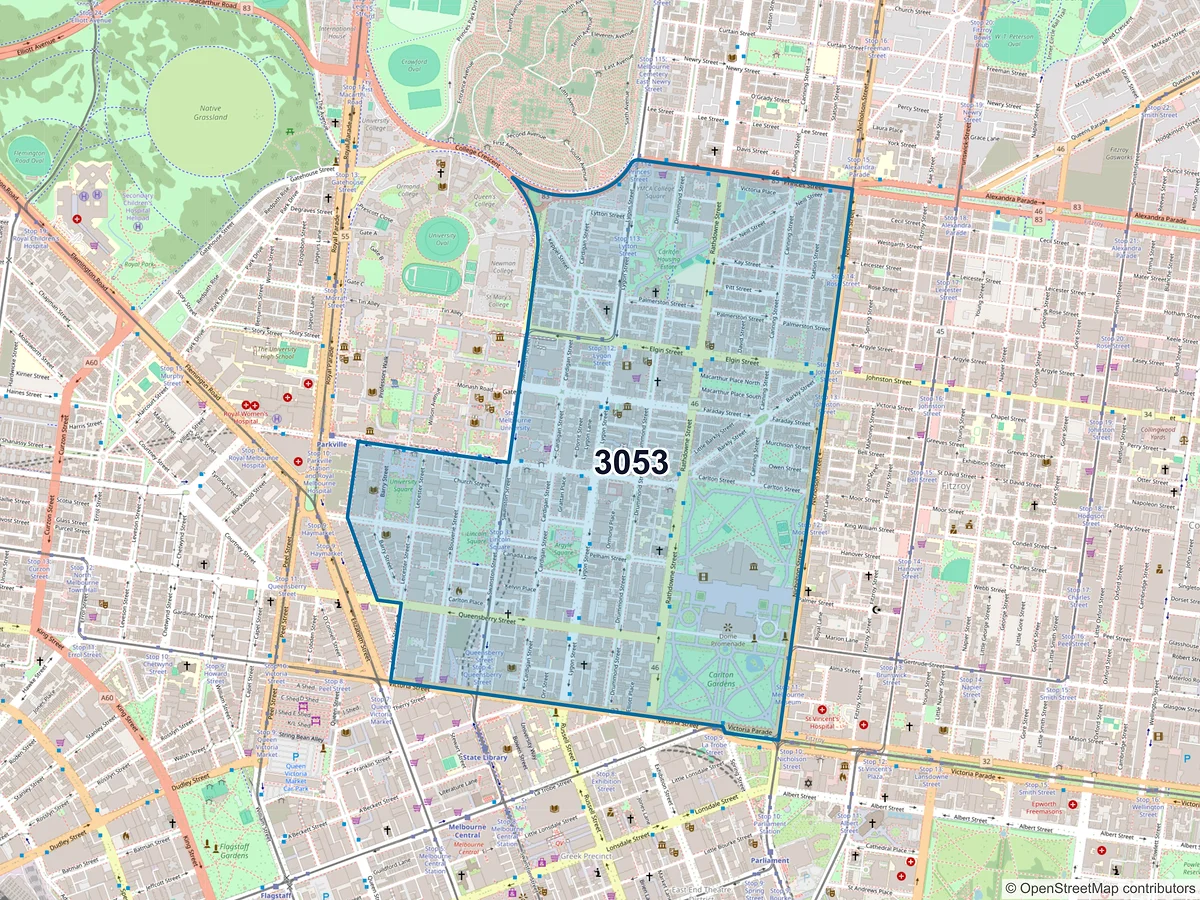Map of postcode 3053 — Carlton, VIC, Australia