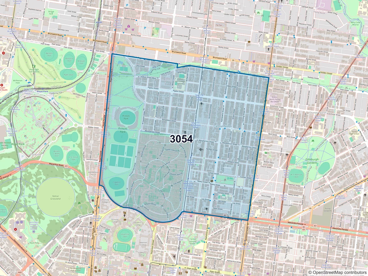 Map of postcode 3054 — Carlton North, VIC, Australia