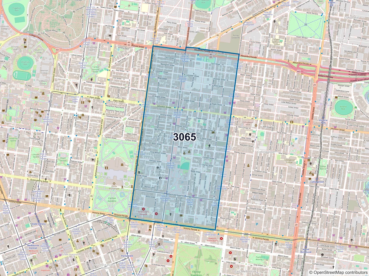 Map of postcode 3065 — Fitzroy, VIC, Australia