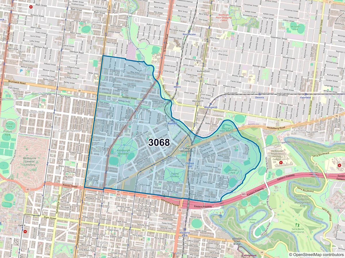 Map of postcode 3068 — Fitzroy North, VIC, Australia