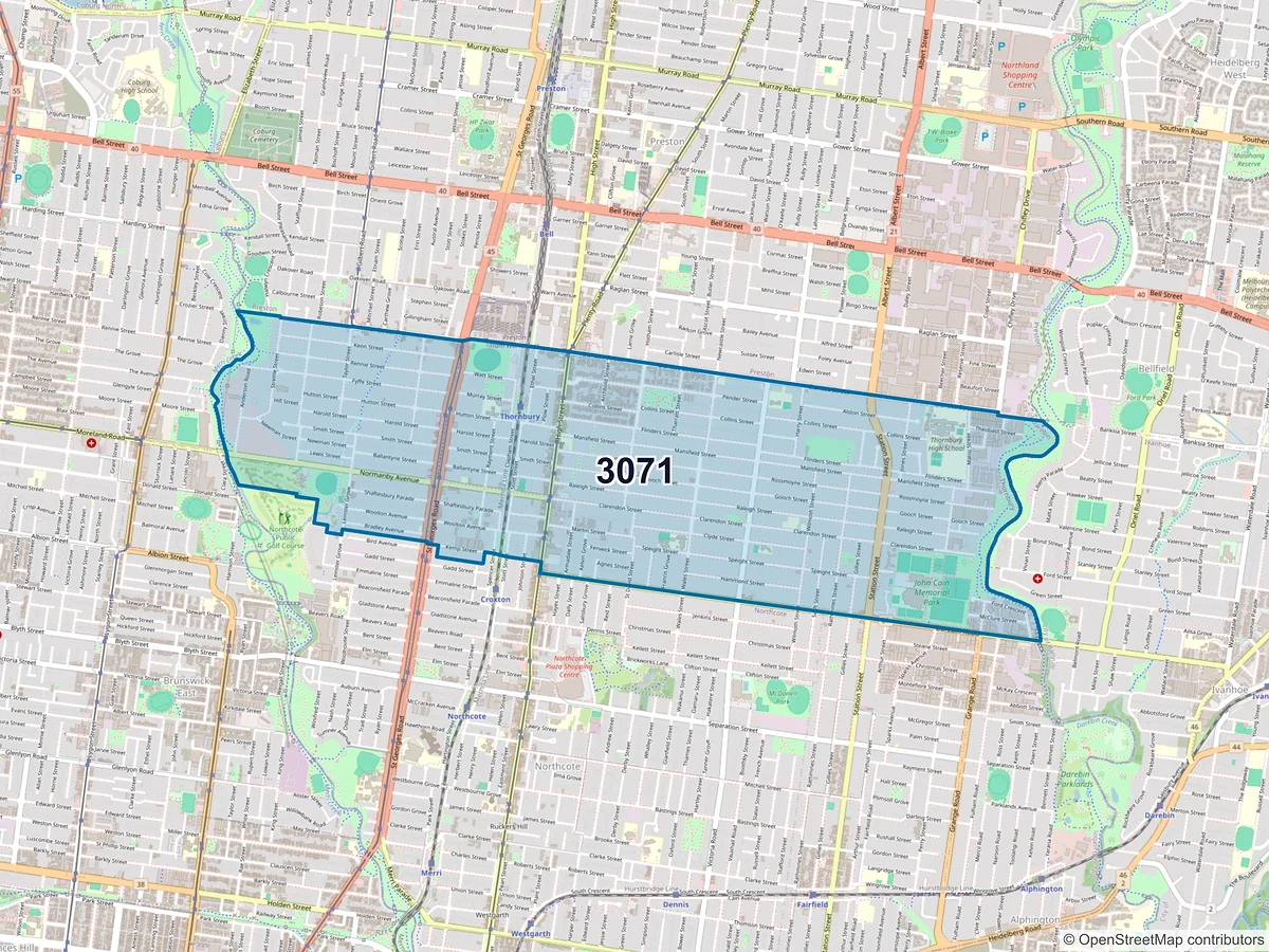 Map of postcode 3071 — Thornbury, VIC, Australia
