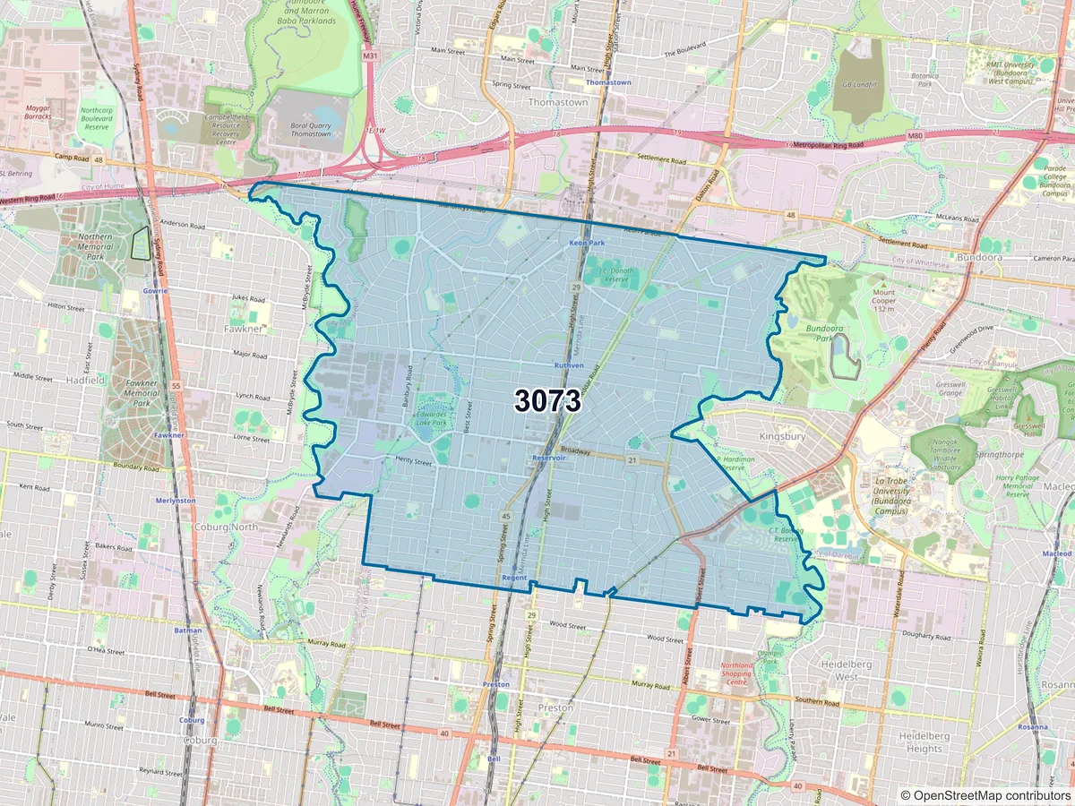 Map of postcode 3073 — Reservoir, VIC, Australia