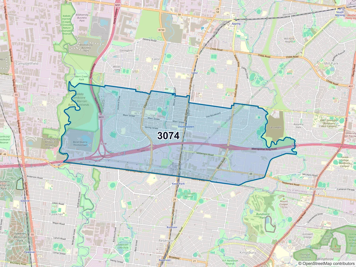 Map of postcode 3074 — Thomastown, VIC, Australia