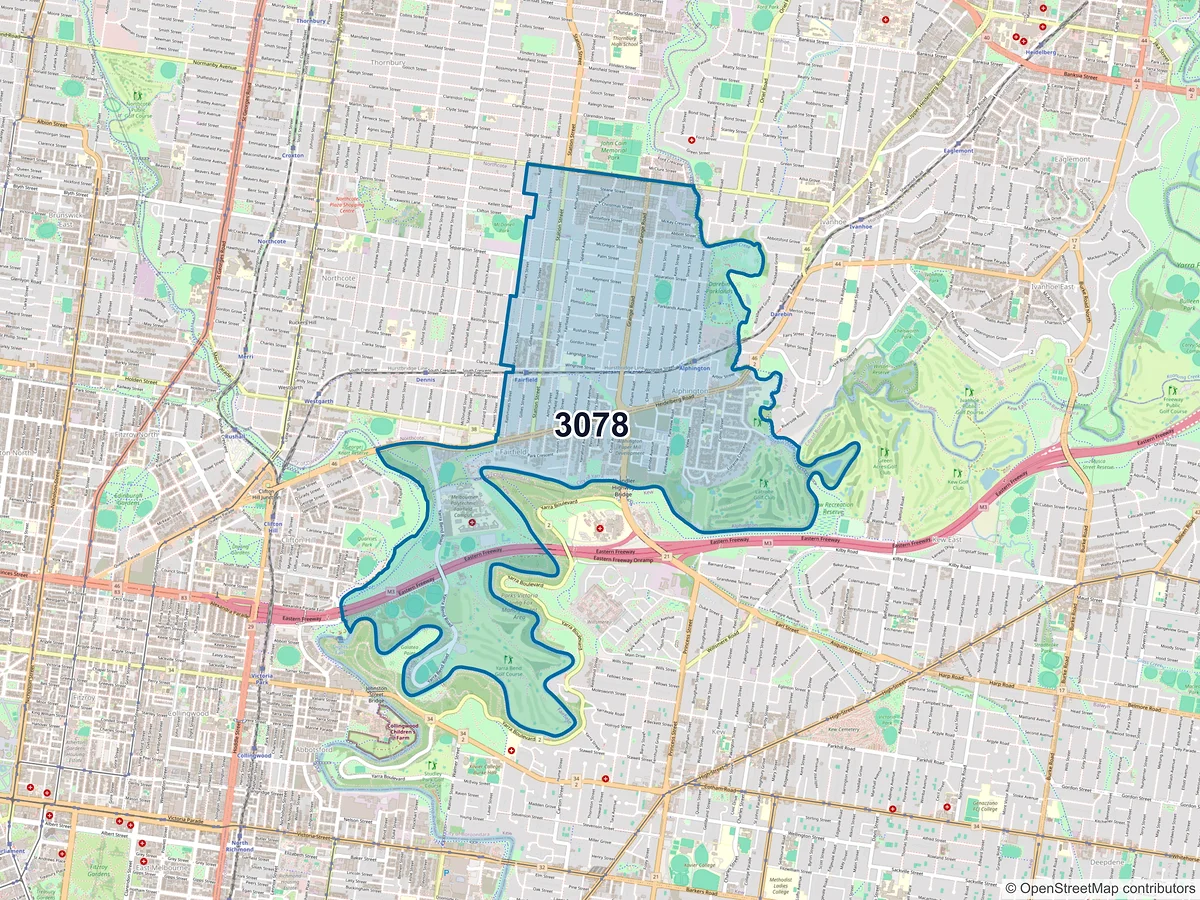 Map of postcode 3078 — Fairfield, VIC, Australia