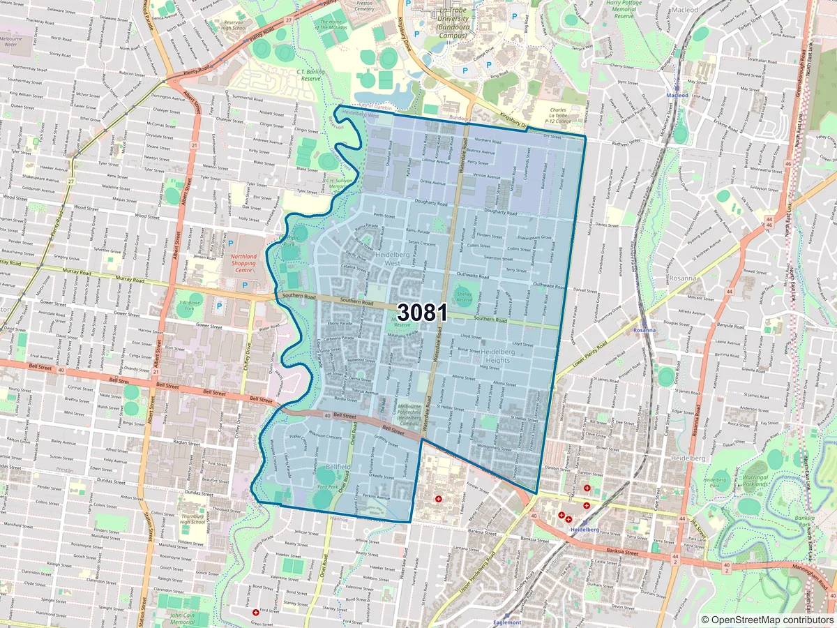 Map of postcode 3081 — Heidelberg West, VIC, Australia