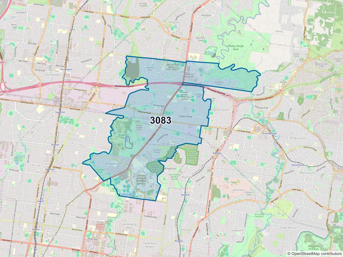 Map of postcode 3083 — Bundoora, VIC, Australia