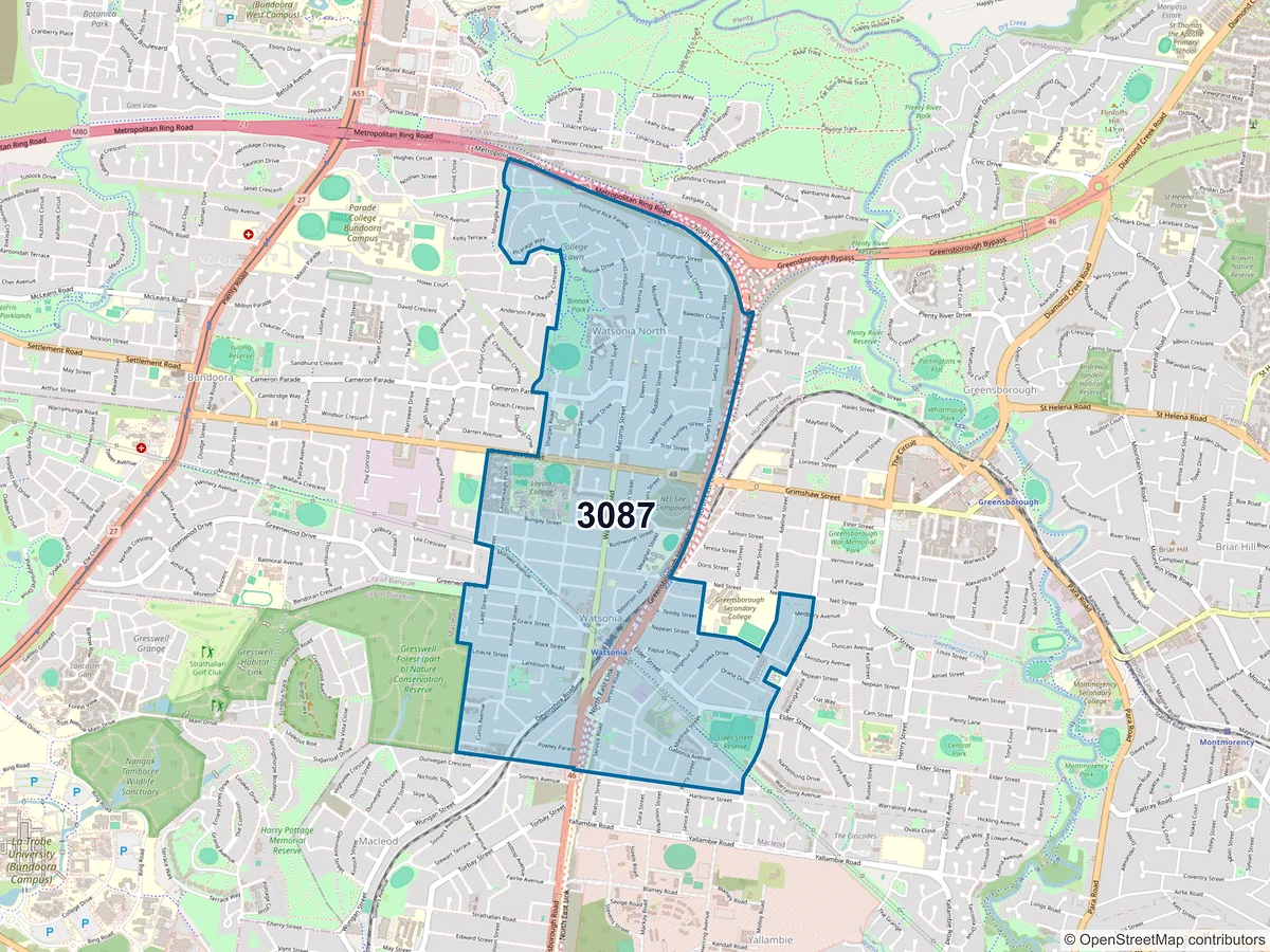 Map of postcode 3087 — Watsonia, VIC, Australia