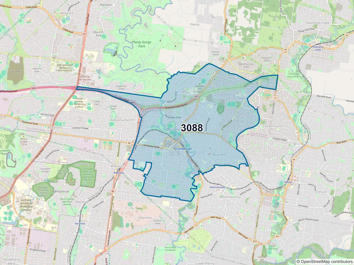 Map of postcode 3088 — Greensborough, VIC, Australia