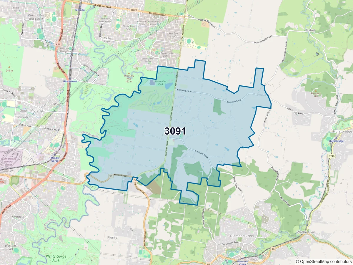 Map of postcode 3091 — Yarrambat, VIC, Australia