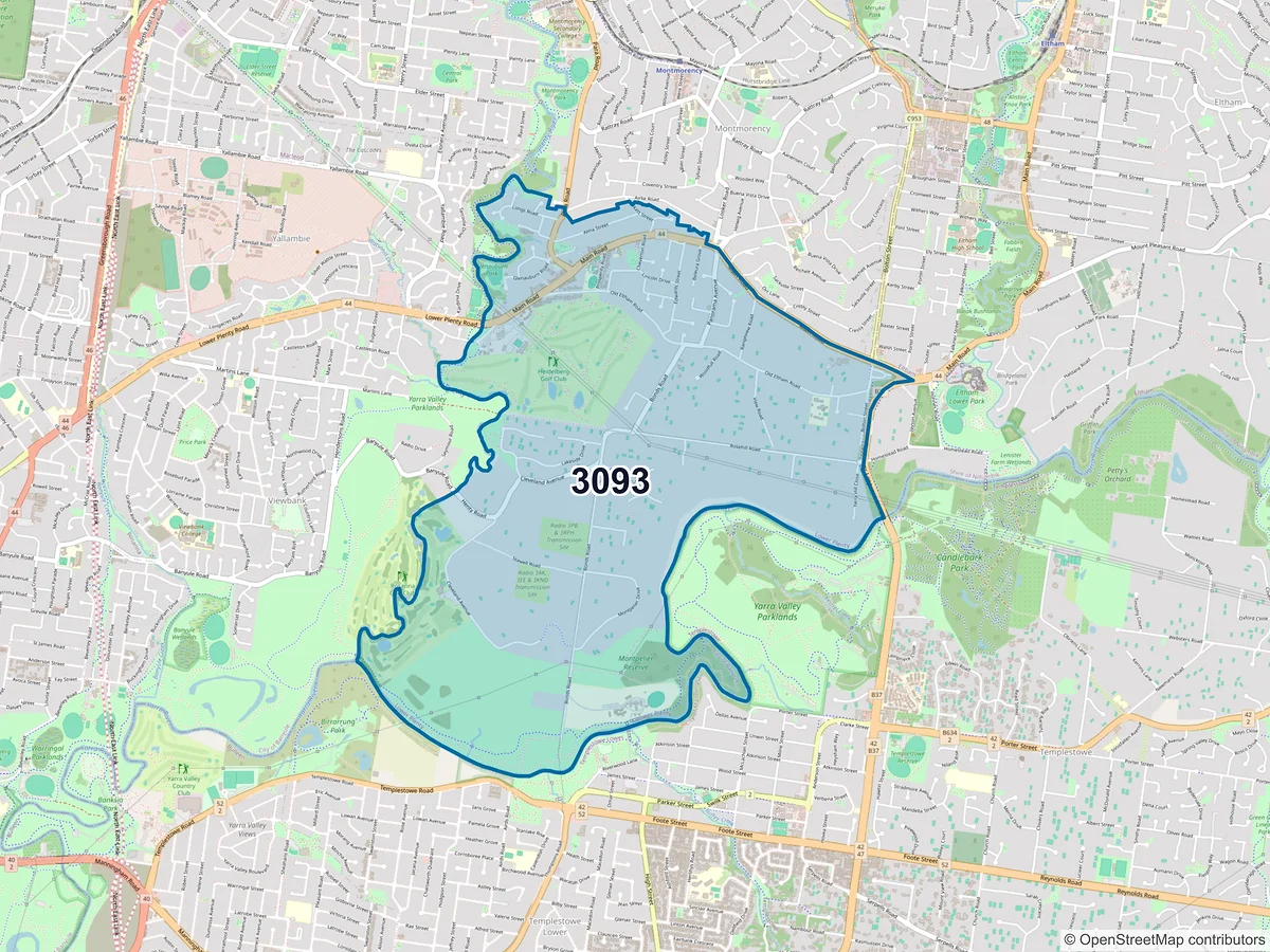 Map of postcode 3093 — Lower Plenty, VIC, Australia