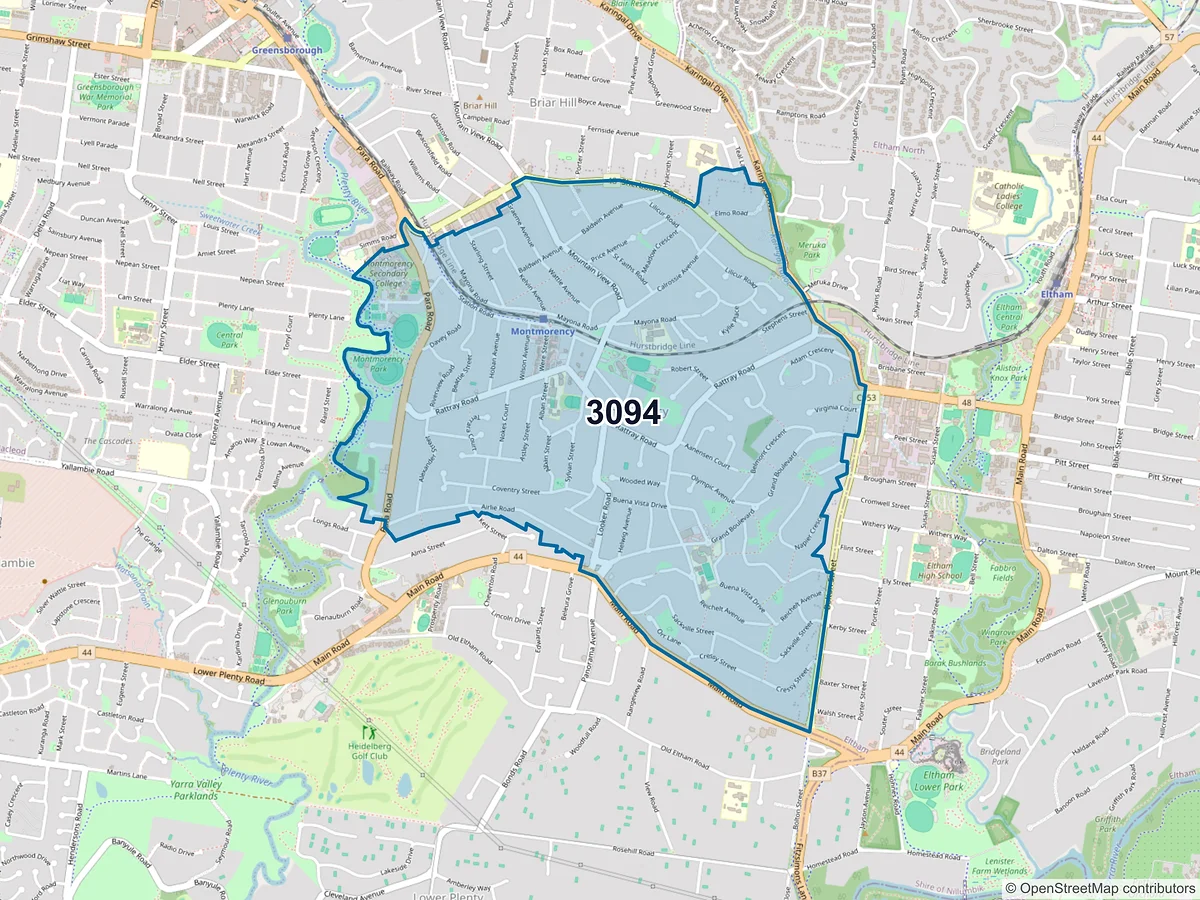 Map of postcode 3094 — Montmorency, VIC, Australia