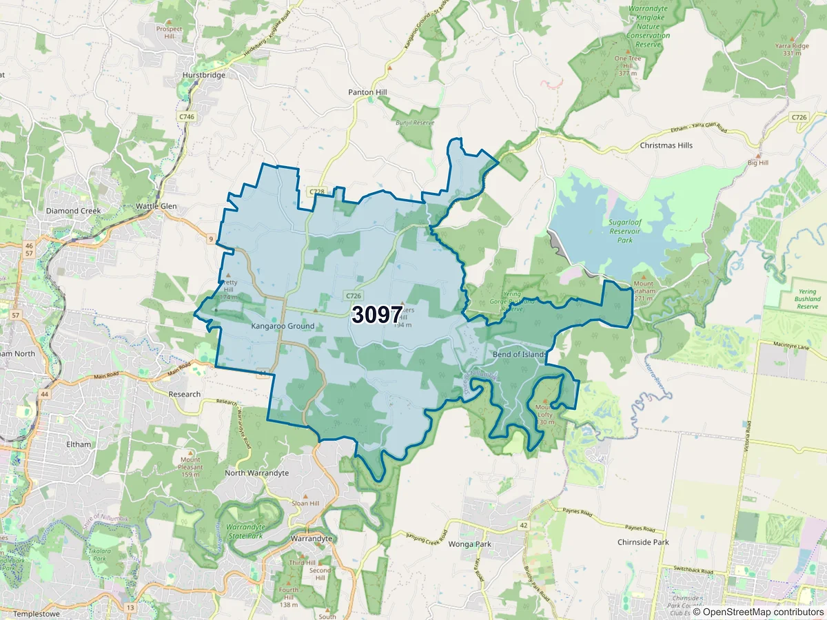 Map of postcode 3097 — Kangaroo Ground, VIC, Australia