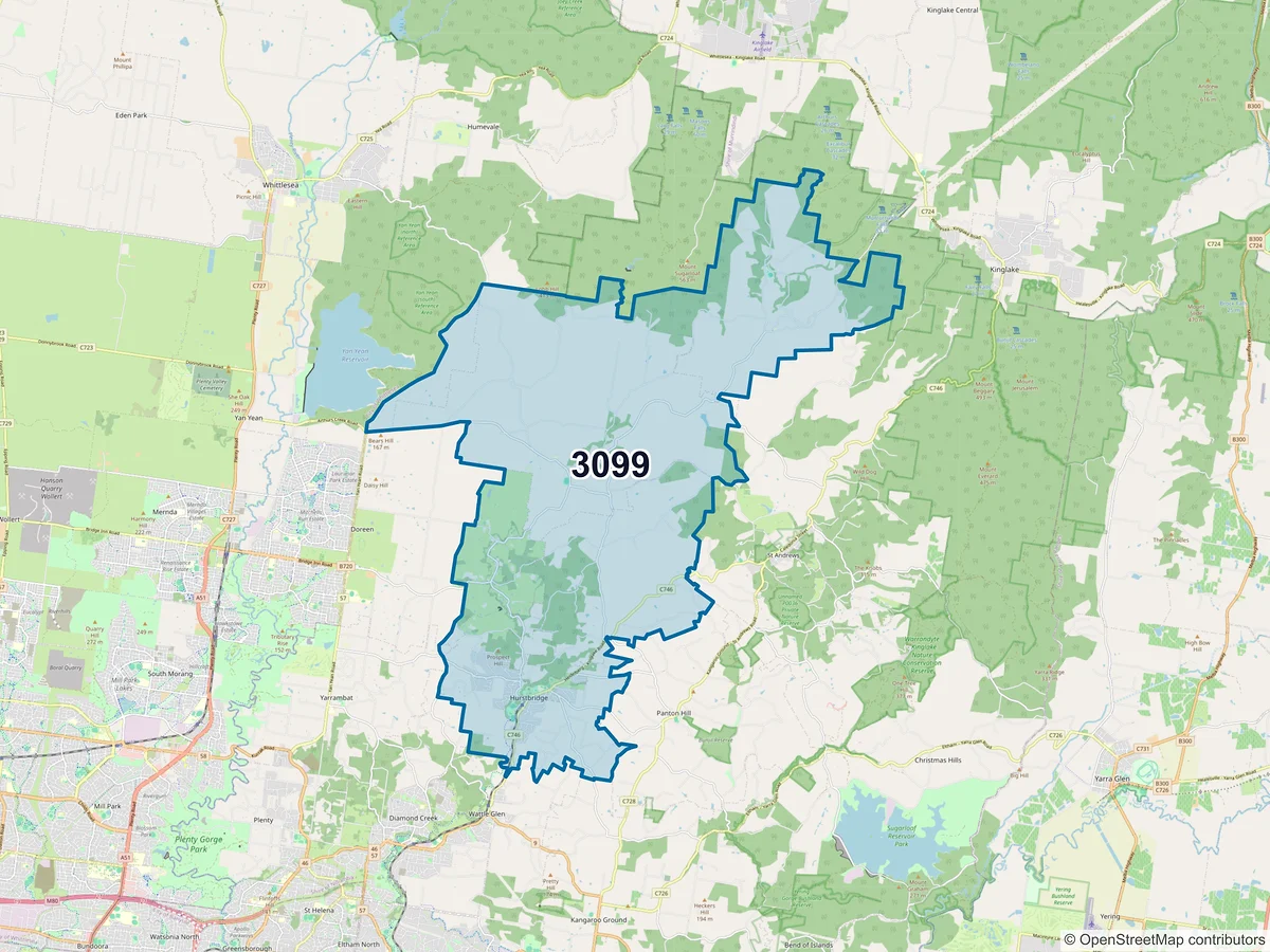 Map of postcode 3099 — Hurstbridge, VIC, Australia