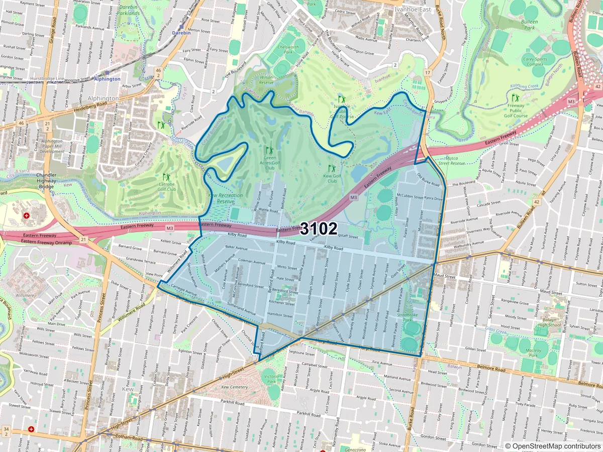 Map of postcode 3102 — Kew East, VIC, Australia