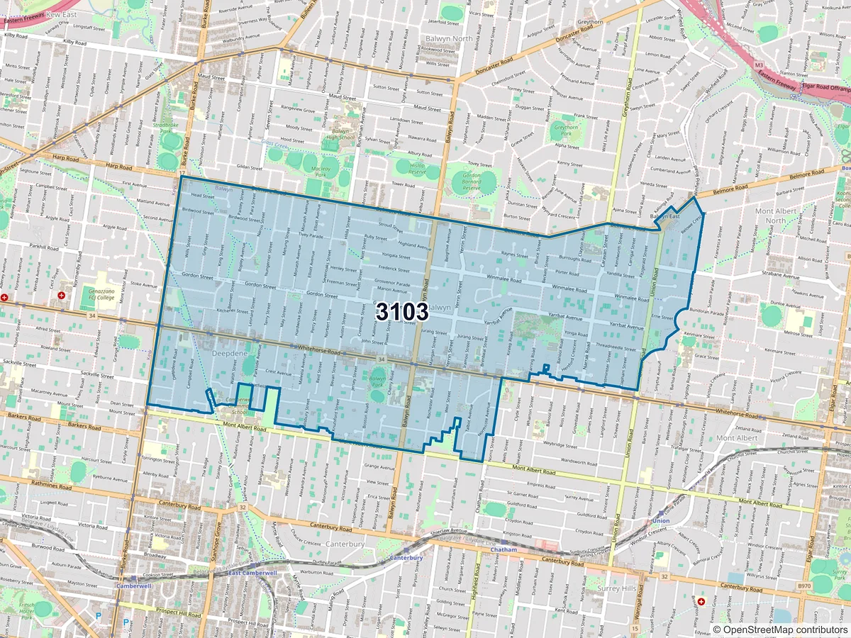 Map of postcode 3103 — Balwyn, VIC, Australia