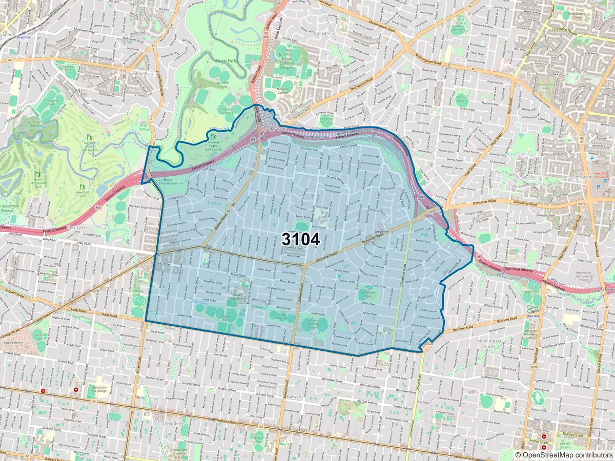 Map of postcode 3104 — Balwyn North, VIC, Australia