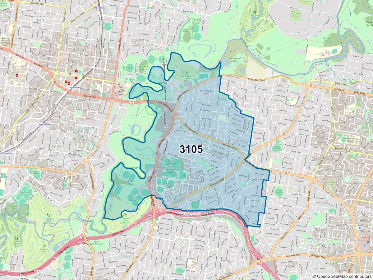 Map of postcode 3105 — Bulleen, VIC, Australia