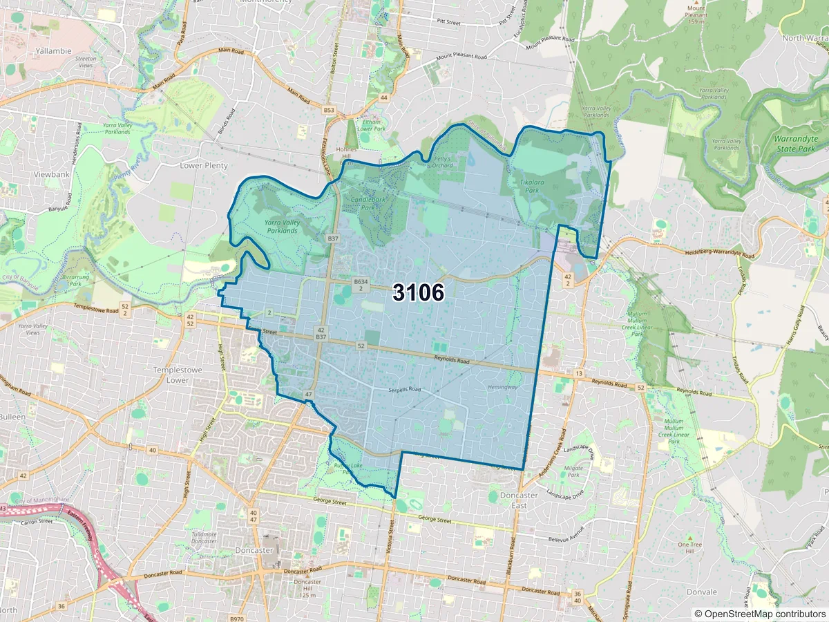 Map of postcode 3106 — Templestowe, VIC, Australia
