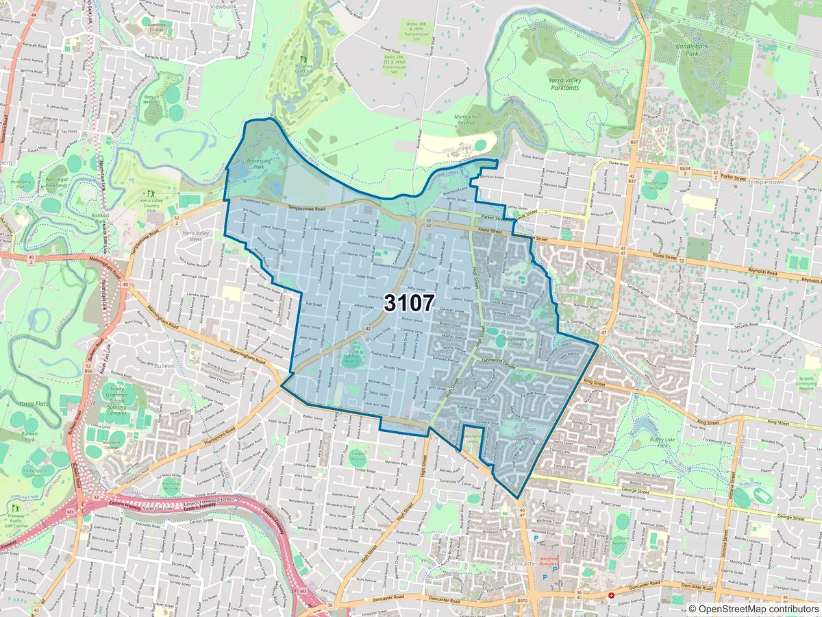 Map of postcode 3107 — Templestowe Lower, VIC, Australia