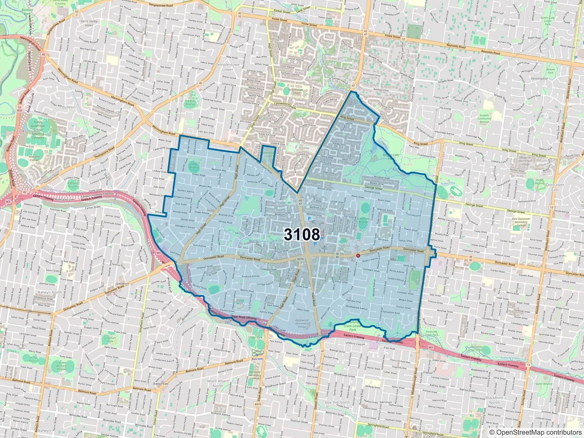 Map of postcode 3108 — Doncaster, VIC, Australia