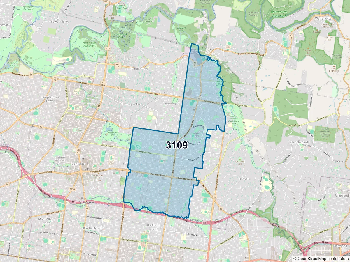 Map of postcode 3109 — Doncaster East, VIC, Australia