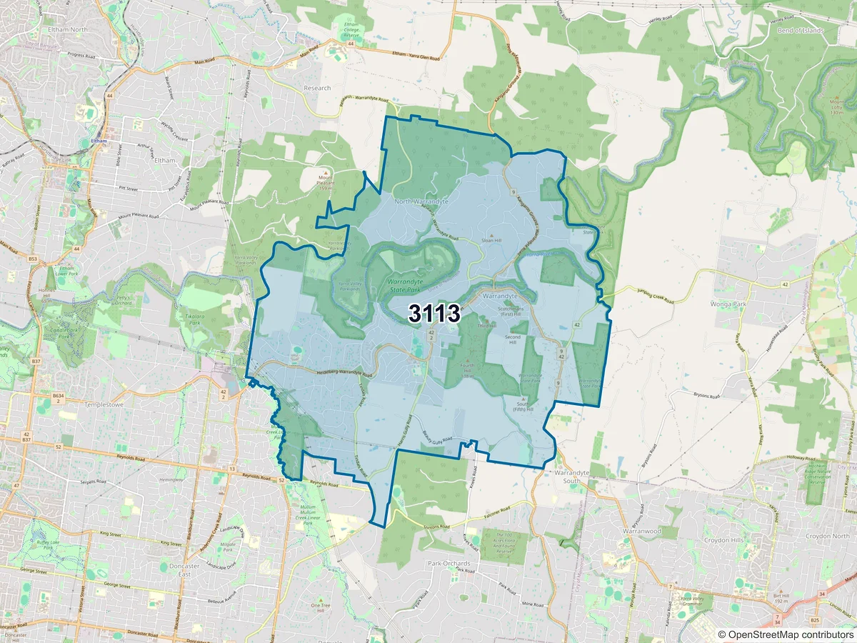Map of postcode 3113 — Warrandyte, VIC, Australia