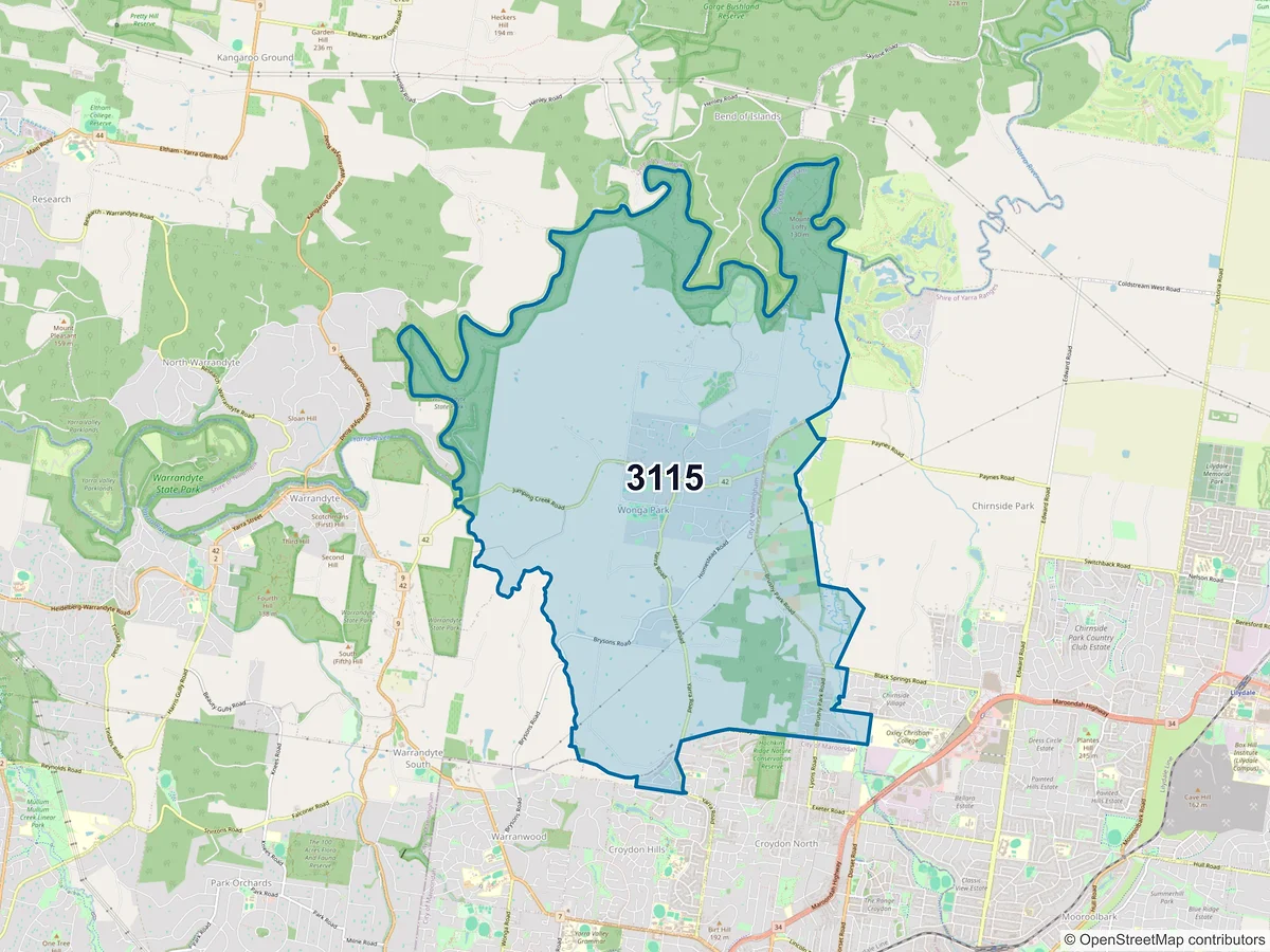 Map of postcode 3115 — Wonga Park, VIC, Australia