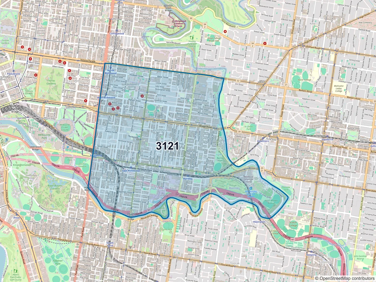 Map of postcode 3121 — Richmond, VIC, Australia