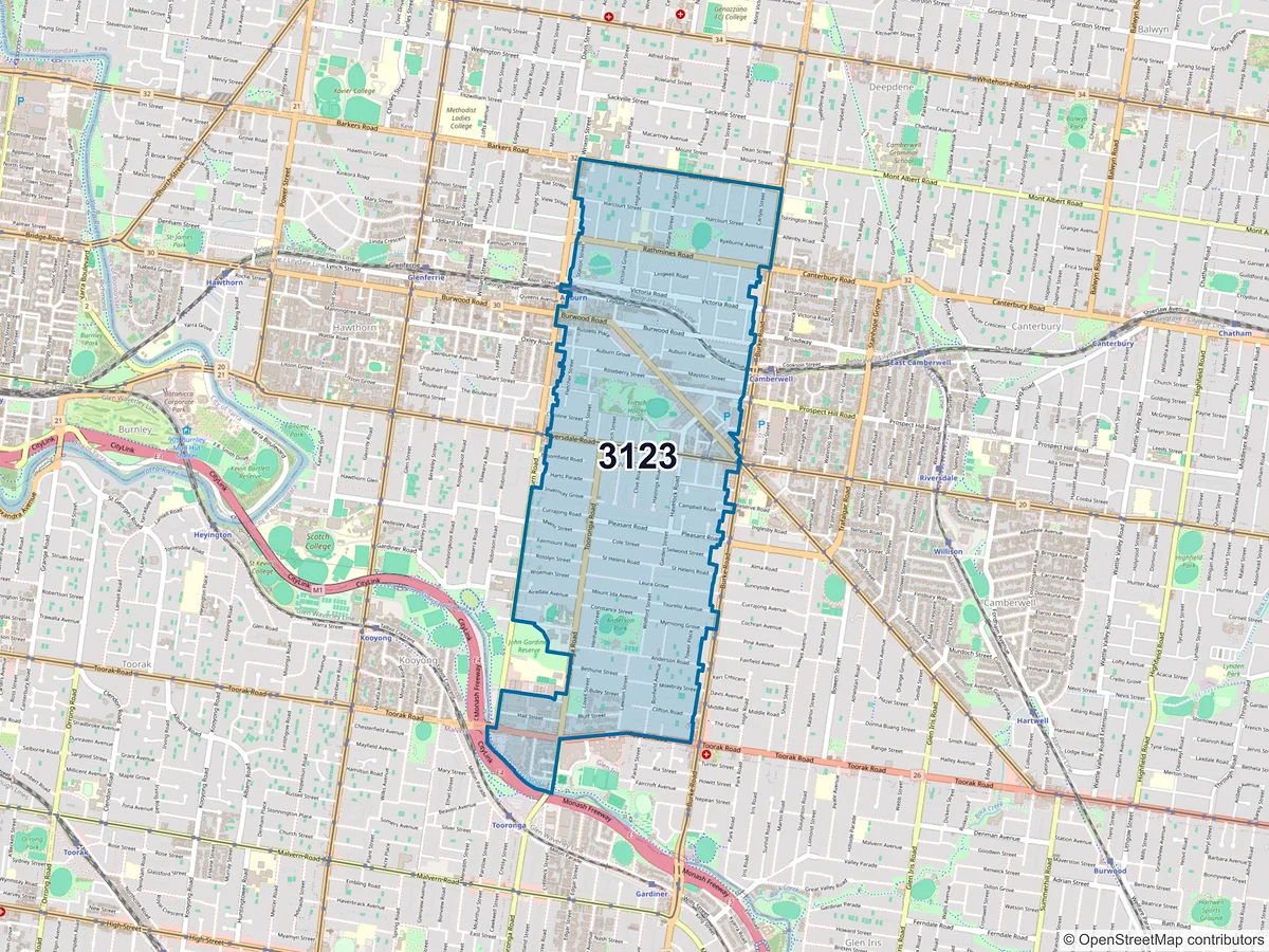 Map of postcode 3123 — Hawthorn East, VIC, Australia